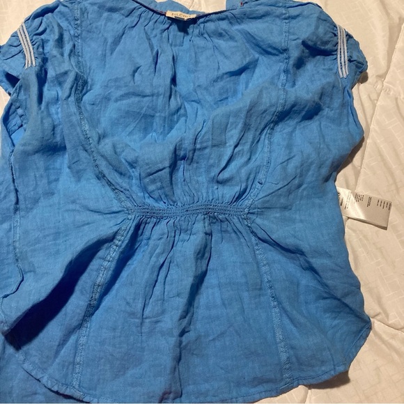 Pilcro (Anthropologie) Blue Cap Sleeve 100% Linen Blouse | Smocking | Breezy - Picture 4 of 10